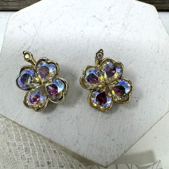 Vintage Gold Tone Four-Leaf Clover Clip-On Earrings With Iridescent Rhinestones - Picture 1 of 6